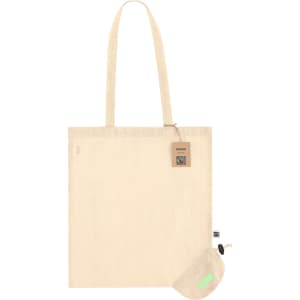 A beige foldable tote bag with long handles and a small pouch for easy storage. Features a logo.