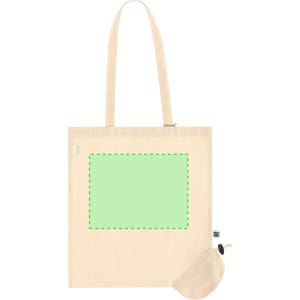 A beige foldable tote bag with long handles and a compact pouch for storage. It features a logo and a blank space.