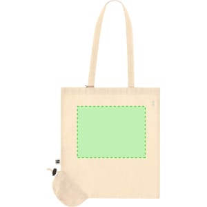 A natural-coloured foldable tote bag with long handles and a small pouch for storage. Features a logo.