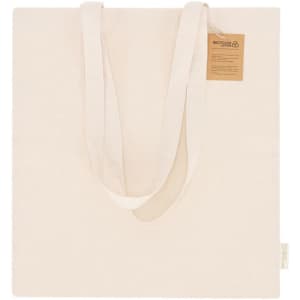 A cream-coloured tote bag with long handles and a tag, featuring a logo. The bag is made from recycled materials.