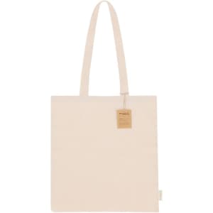 A light beige tote bag with two shoulder straps and a tag. The bag features a logo.