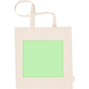 A neutral-coloured tote bag with a green square placeholder and a logo. It features long handles for easy carrying.