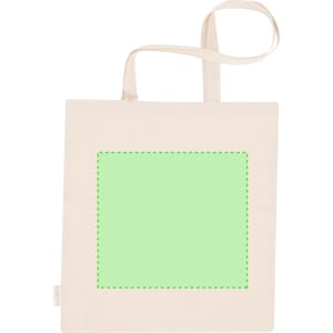A beige tote bag with a green blank section in the centre and a shoulder strap. It features a logo on one side.