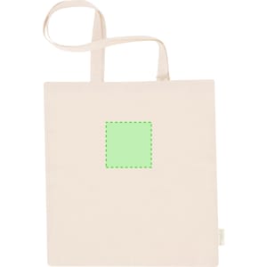 A cream tote bag with a single strap and an empty square area for branding or design.
