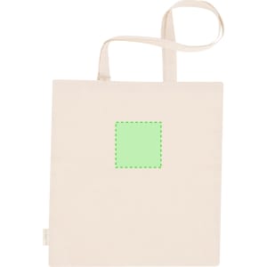 A beige tote bag with a green square design in the centre and a shoulder strap. It features a branding logo.