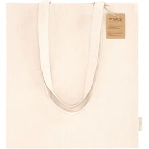 A cream-coloured tote bag with long handles and a tag, featuring a simple design and a logo.