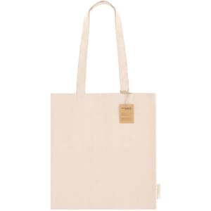 A beige tote bag with two handles and a hang tag. The bag features a simple, minimalist design.