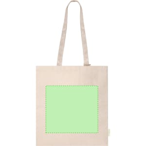 A beige tote bag with two straps and a green square area. The bag features a logo.