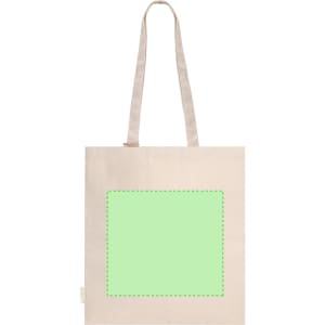 A neutral beige tote bag with long handles and a blank green area for customisation. It features a branding logo.