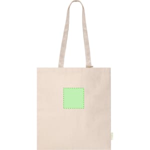 A natural canvas tote bag with long handles and a green square design on the front. It has a logo displayed.