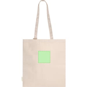 A beige tote bag with long handles and a logo area marked in green.