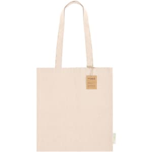 A beige tote bag with two handles and a small tag. It features a simple, minimalist design.