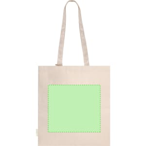 A beige tote bag with two straps featuring a blank green rectangular area. The bag has a logo on it.