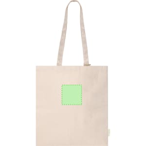 A plain beige tote bag with two handles and a green square outline on the front. It features a logo.