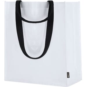 A clear tote bag with black handles and a subtle logo on the side. Lightweight and spacious design.