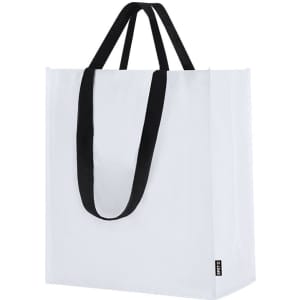 A white tote bag with black handles and a logo tag at the bottom.