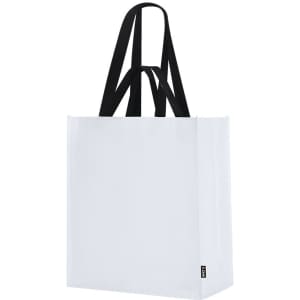 A white tote bag with black straps, featuring a logo without visible text.