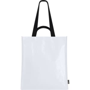 A glossy white tote bag with black handles. The bag features a logo on the side.