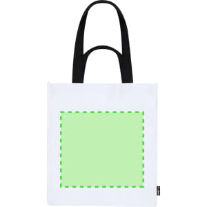 A white tote bag with black handles and a green square border in the centre. The bag has a logo.