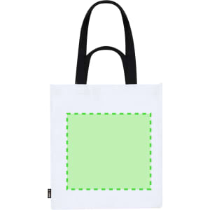 A tote bag featuring a white body with black handles and a green decorative square outline.