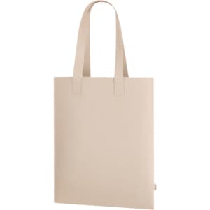 A beige tote bag with two long handles and a simple design, featuring a logo.
