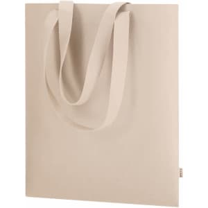 A beige tote bag with two shoulder straps and a small logo on the side.