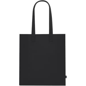 A black tote bag with two handles and a logo on the side. Simple and minimalist design.