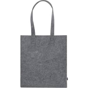 A grey tote bag with two handles and a branding logo. Made from a felt-like material.