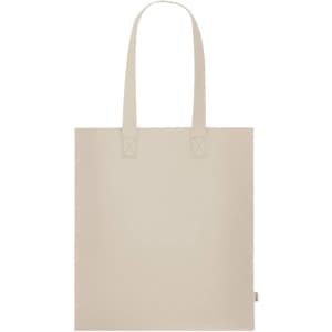 A beige tote bag with two handles and a plain design. It features a branding logo.