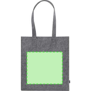 A grey tote bag with two handles and a blank square area for customisation. The bag features a logo.