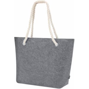 A grey tote bag with white rope handles and a simple design. It features a logo on one side.
