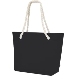 A black tote bag with white rope handles and an attached branding label.