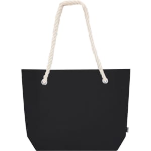 A black tote bag with a large opening and cream rope handles. It features a simple design and a logo.