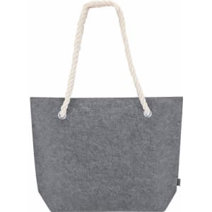 A grey tote bag with a rope handle, featuring eyelets for added detail and a simple design.