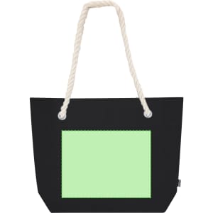 A black tote bag with a green blank canvas area, featuring white rope handles and a simple design.
