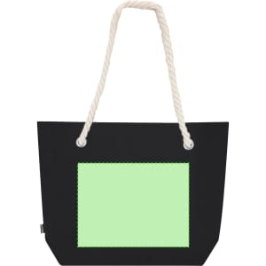 A black tote bag with a mint green rectangular panel and cream-coloured rope handles. It features a logo.
