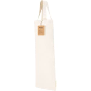 A cream-coloured tote bag with a long strap and a tag, displaying a simple design and a logo.