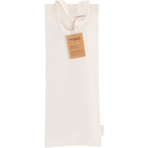 A cream-coloured tote bag with a tag and a handle, featuring a simplistic design and a logo.
