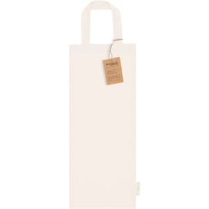 A cream tote bag with two handles and a tag, made from durable fabric. It features a simple design.