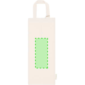 A beige tote bag with a rectangular green design area and a logo on one side.