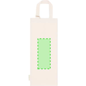 A plain cream tote bag featuring a large green outline area, with two handles for carrying. It includes a logo.