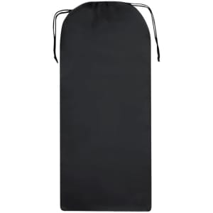 A black drawstring bag with a rounded top and logo branding. Suitable for various storage uses.