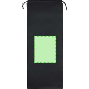 A black bag with a drawstring closure and a green rectangular area in the centre. It features a logo.
