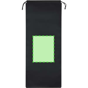 A black bag with a drawstring closure and a green outlined area in the centre, featuring a brand logo.