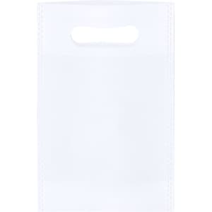 A white tote bag with a handle and a plain design. It features a simple branding logo.
