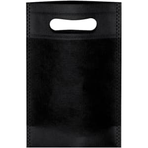 A black tote bag with a handle and a textured surface, featuring a simple, minimalist design.