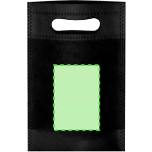 A black tote bag with a handle and a blank green area for customisation. It features a logo or branding.