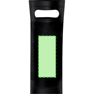 A black bag with a handle and a green rectangular section for customization. It features a logo.