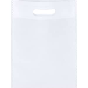 A plain white reusable grocery bag with a cut-out handle and a smooth surface. Features a logo.