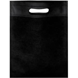 A black reusable grocery bag with a cut-out handle and a simple, plain design.